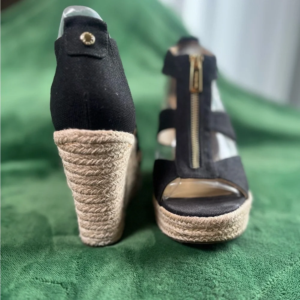 MICHAEL Michael Kors Black Canvas Espadrille Wedge Sandals